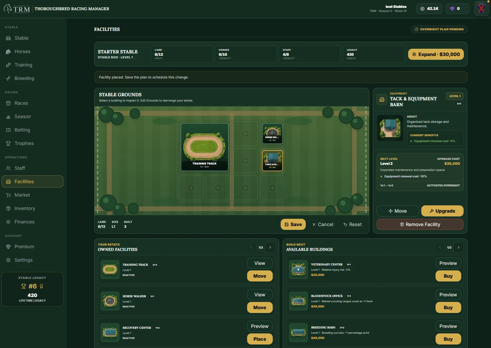 Actual TRM Facilities page showing stable grounds grid and Save button
