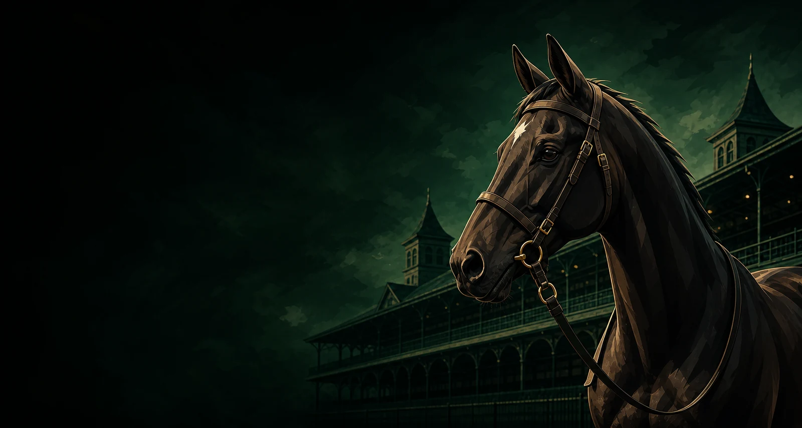 Dark bay thoroughbred at a historic racecourse