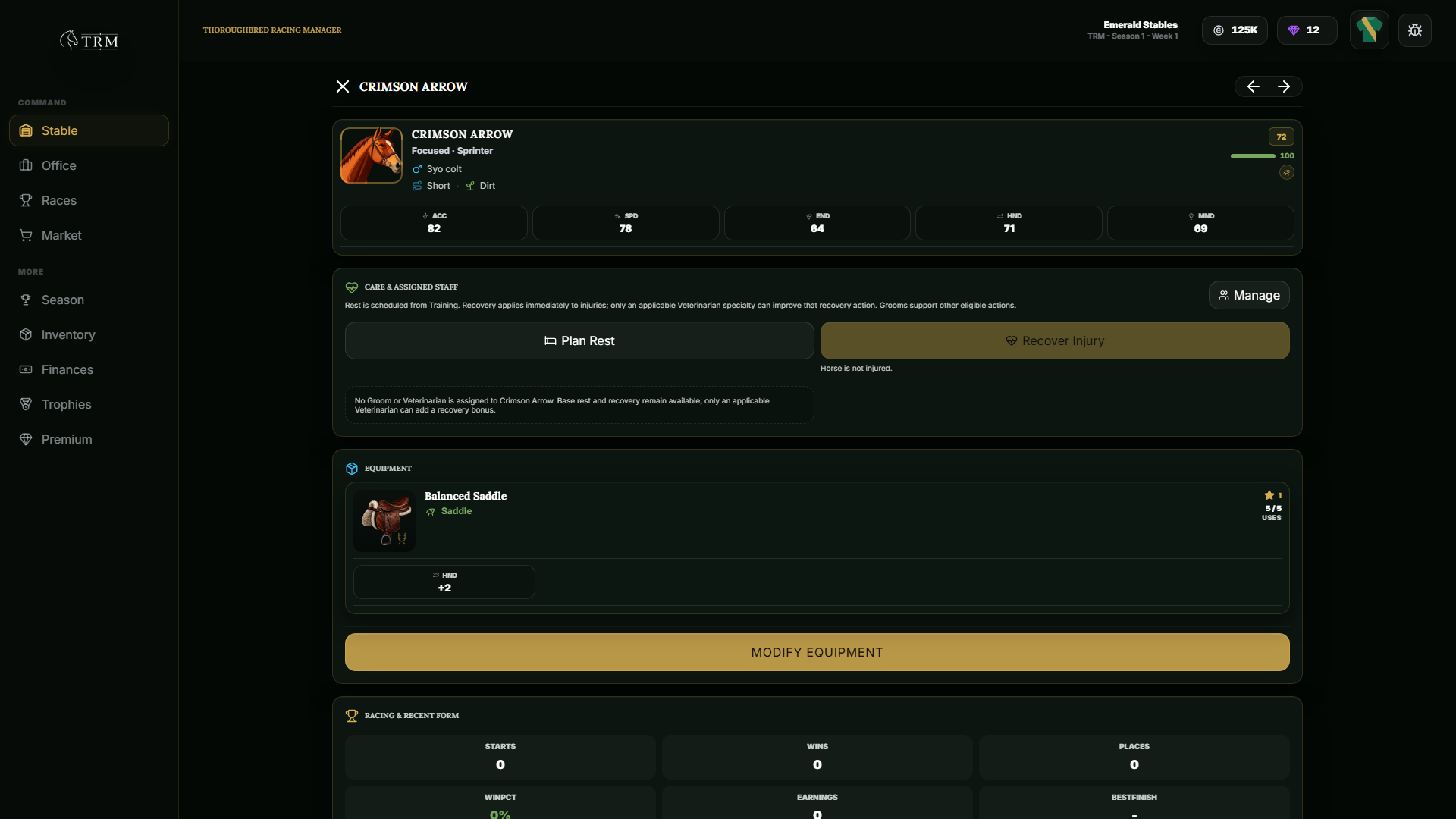 TRM horse profile for Crimson Arrow showing attributes, care, equipment, and recent form