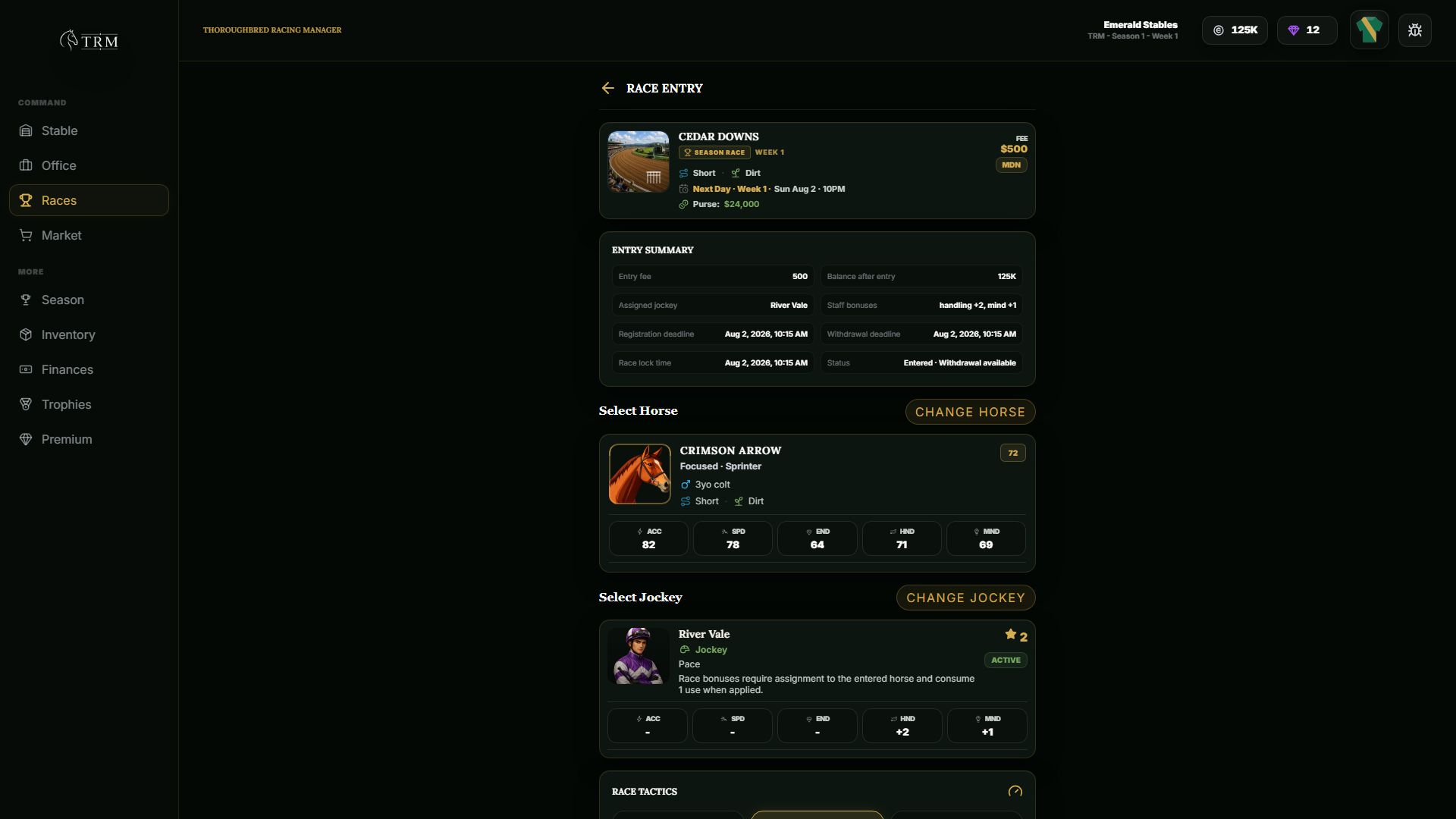 TRM race entry screen showing race conditions, entry summary, selected horse, and selected jockey