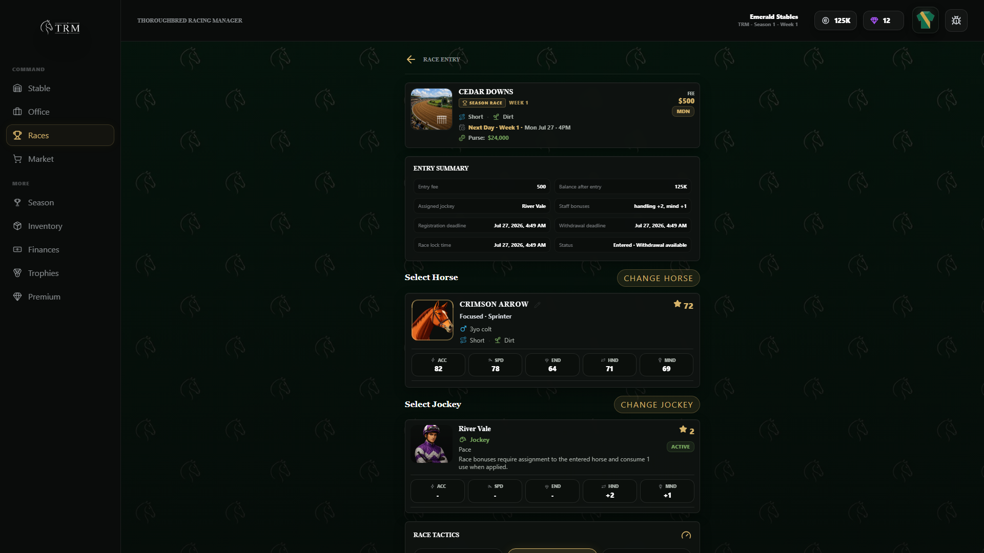 TRM race entry screen showing the selected horse and jockey