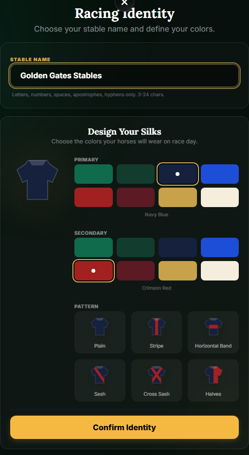 TRM onboarding screen for choosing stable colors and a racing silks pattern