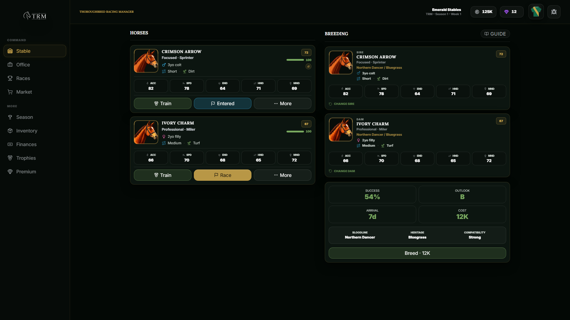 TRM stable overview showing two horses, their attributes, and a breeding compatibility preview