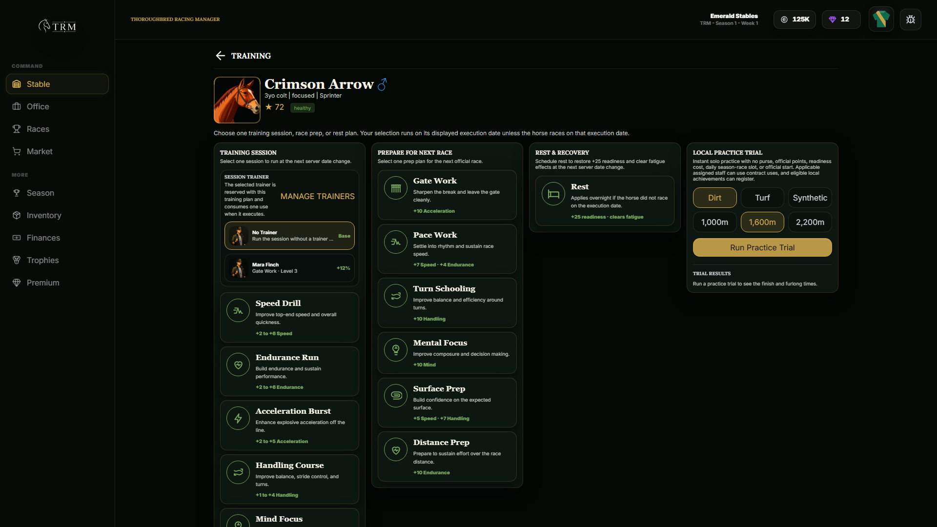 TRM training screen showing training sessions, race preparation, recovery, and practice trial options